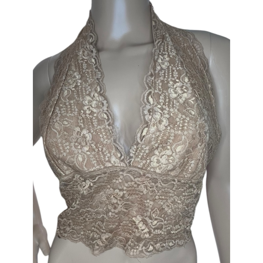 VeVinice Beige Floral Pattern Lace Halter V-Neck Bralette Crop Top